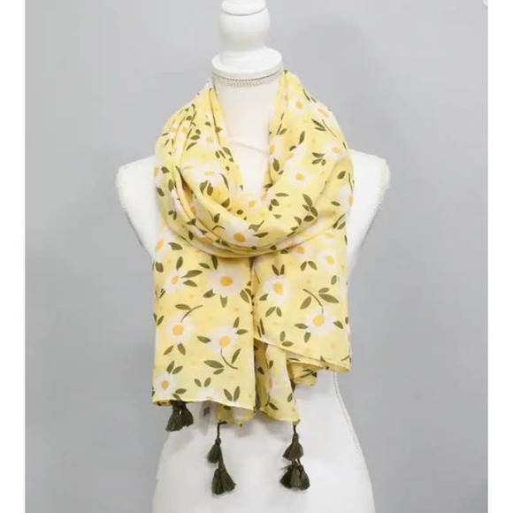 Yellow White Cottage Floral Design Lightweight Tasseled Scarf - Picture 1 of 4